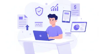 Emprendedor argentino gestionando su negocio y facturación electrónica desde una computadora portátil, ilustración vectorial flat en tonos violeta y azul