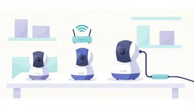 Ilustración comparando tres cámaras Imou Ranger giratorias sobre un mostrador, una conectada por Wi-Fi y otra por cable de red