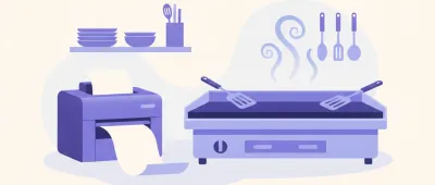 Ilustración de una impresora de cocina imprimiendo la comanda de un pedido junto a la plancha de un restaurante