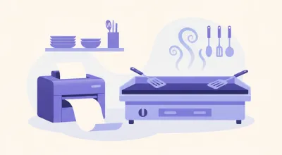 Ilustración de una impresora de cocina imprimiendo la comanda de un pedido junto a la plancha de un restaurante