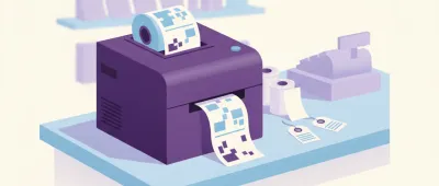 Ilustración de una impresora de etiquetas de escritorio imprimiendo una etiqueta de precio con código de barras sobre el mostrador de un comercio