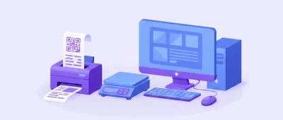 Ilustración de un mostrador de comercio con una impresora térmica emitiendo una factura con código QR junto a una balanza y una PC