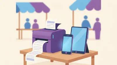 Ilustración de una impresora térmica portátil Bluetooth imprimiendo un ticket junto a un celular en una feria