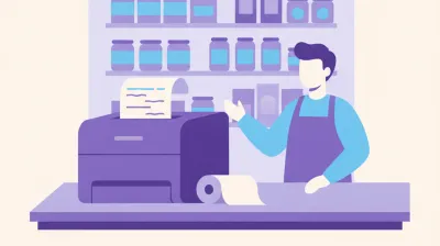 Ilustración de una impresora térmica Gadnic de 80 mm sobre el mostrador de un almacén imprimiendo un ticket de venta