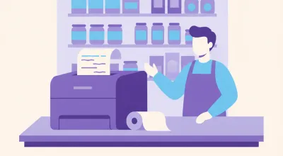 Ilustración de una impresora térmica Gadnic de 80 mm sobre el mostrador de un almacén imprimiendo un ticket de venta