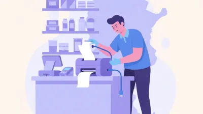 Ilustración de un técnico revisando el papel y el cable de una impresora térmica que no imprime en el mostrador