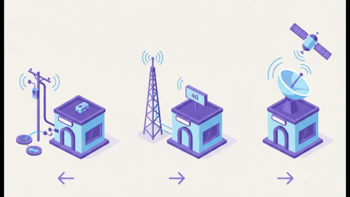 Ilustración comparando tres formas de conectar un comercio a internet: un cable de fibra óptica, una antena 4G y una antena satelital