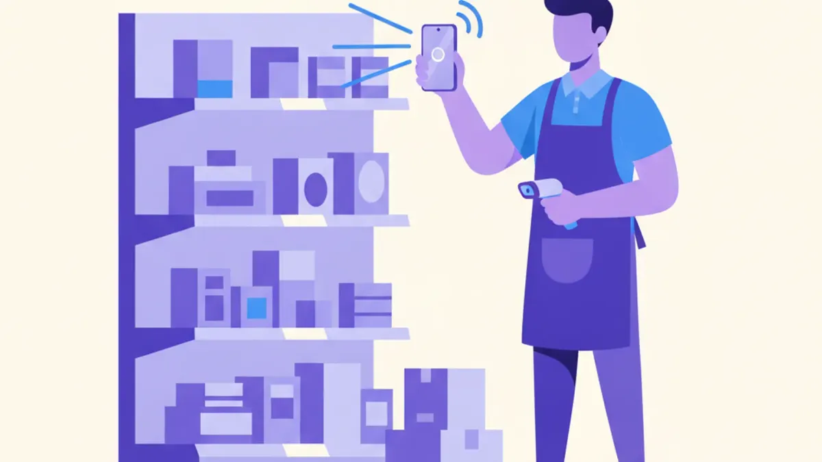 Ilustración de un vendedor escaneando productos de una góndola con la cámara del celular mientras cuenta el stock del local