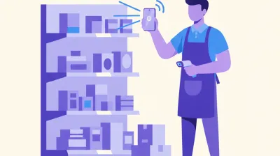 Ilustración de un vendedor escaneando productos de una góndola con la cámara del celular mientras cuenta el stock del local