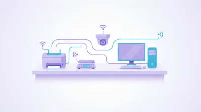 Ilustración de una red de comercio con una impresora, una balanza y una cámara marcadas con una dirección IP fija y una PC marcada con DHCP