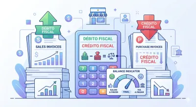 Calculadora con facturas de compras separadas y un libro de IVA mostrando el cálculo del crédito fiscal acumulado del mes