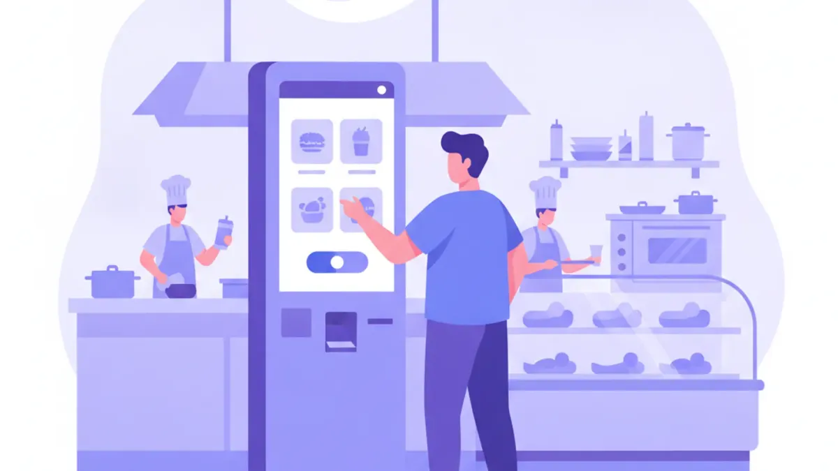 Ilustración de un cliente armando su pedido en un kiosco de autopedido con pantalla táctil dentro de un local de comidas, con la cocina al fondo