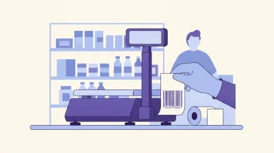Ilustración de una balanza Kretz Report NX imprimiendo una etiqueta con código PLU en el mostrador de un supermercado de barrio