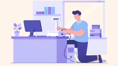 Ilustración de un empleado de comercio revisando el cable serie de una balanza que no logra conectarse a la PC del mostrador