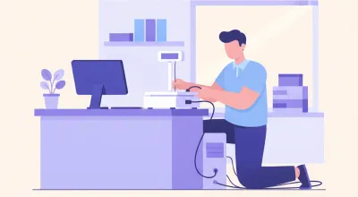 Ilustración de un empleado de comercio revisando el cable serie de una balanza que no logra conectarse a la PC del mostrador