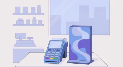 Ilustración de una terminal LaPos sobre el mostrador de un comercio junto a un cartel con el nombre de un banco