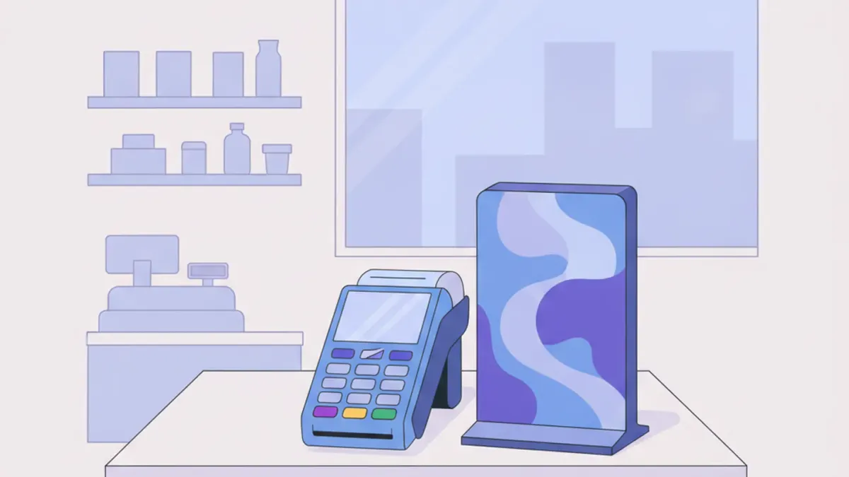 Ilustración de una terminal LaPos sobre el mostrador de un comercio junto a un cartel con el nombre de un banco