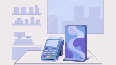 Ilustración de una terminal LaPos sobre el mostrador de un comercio junto a un cartel con el nombre de un banco