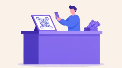 Ilustración de un mostrador con una pantalla mostrando un código QR de cobro que un cliente escanea con su celular