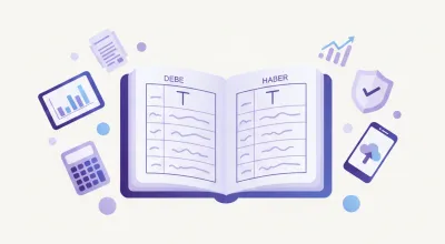 Ilustración de un libro mayor contable con cuentas T, columnas de debe y haber, y gráficos financieros en estilo flat vectorial violeta y azul