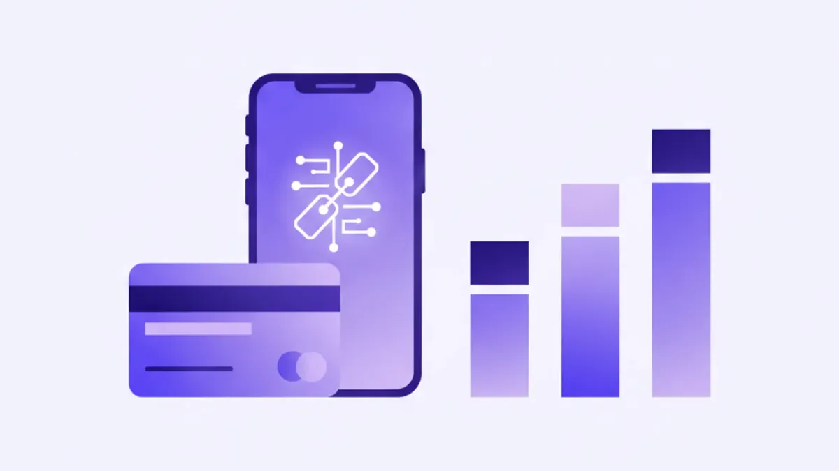 Celular con un link de pago, una tarjeta y tres columnas comparativas de barras