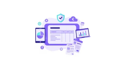 Ilustración vectorial de liquidación de sueldo: planilla de haberes con conceptos remunerativos, descuentos y sueldo neto, estilo flat design en violeta y azul