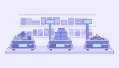 Ilustración de un mostrador de comercio con varias balanzas comerciales digitales pesando productos