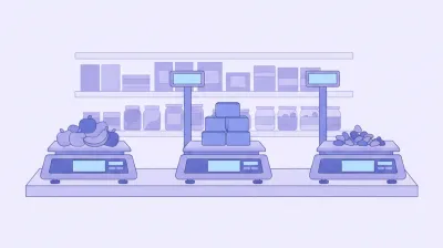 Ilustración de un mostrador de comercio con varias balanzas comerciales digitales pesando productos