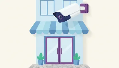 Ilustración de una cámara de seguridad exterior Wi-Fi montada bajo el alero de un local, enfocando la vereda y la puerta de entrada
