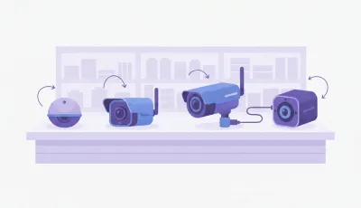 Ilustración de un mostrador de comercio con cuatro cámaras de seguridad distintas señaladas por caso: interior, exterior Wi-Fi, exterior PoE y depósito