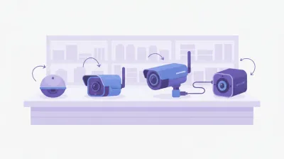 Ilustración de un mostrador de comercio con cuatro cámaras de seguridad distintas señaladas por caso: interior, exterior Wi-Fi, exterior PoE y depósito