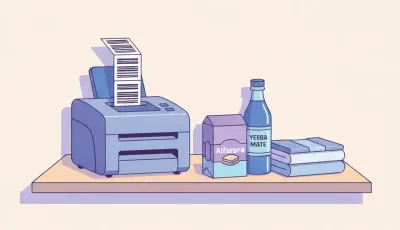 Ilustración de una impresora de etiquetas de escritorio imprimiendo etiquetas con código de barras junto a productos de un comercio