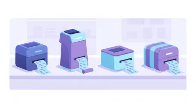 Ilustración de cuatro impresoras térmicas de tickets distintas alineadas sobre un mostrador de comercio, cada una imprimiendo un ticket