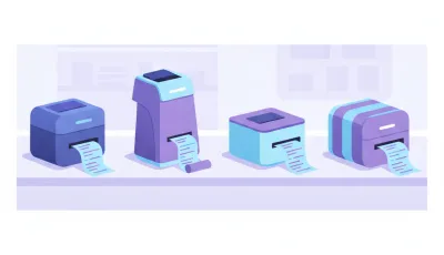 Ilustración de cuatro impresoras térmicas de tickets distintas alineadas sobre un mostrador de comercio, cada una imprimiendo un ticket