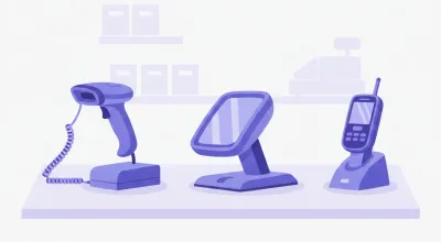 Ilustración de tres lectores de código de barras distintos sobre un mostrador: una pistola con cable, una con base manos libres y una inalámbrica