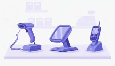 Ilustración de tres lectores de código de barras distintos sobre un mostrador: una pistola con cable, una con base manos libres y una inalámbrica