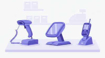 Ilustración de tres lectores de código de barras distintos sobre un mostrador: una pistola con cable, una con base manos libres y una inalámbrica