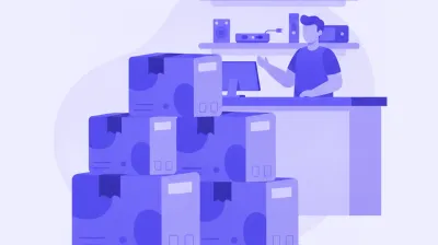 Ilustración de cinco cajas de cámaras de seguridad de distintas marcas apiladas sobre el mostrador de un comercio antes de instalarlas