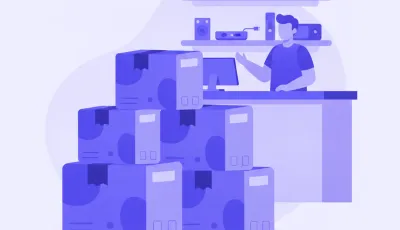 Ilustración de cinco cajas de cámaras de seguridad de distintas marcas apiladas sobre el mostrador de un comercio antes de instalarlas