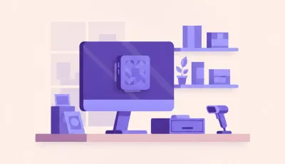 Ilustración de una mini PC compacta montada detrás de un monitor de punto de venta en un mostrador