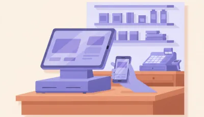 Ilustración de una terminal Android de mostrador con doble pantalla junto a una terminal de mano en un comercio