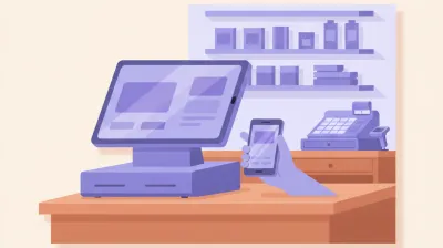 Ilustración de una terminal Android de mostrador con doble pantalla junto a una terminal de mano en un comercio
