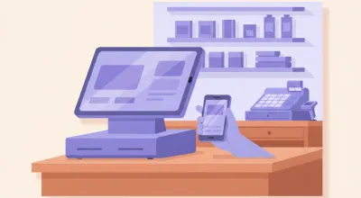 Ilustración de una terminal Android de mostrador con doble pantalla junto a una terminal de mano en un comercio