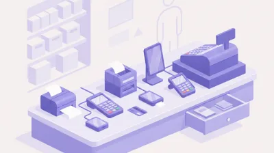 Ilustración de un mostrador de comercio con varias terminales de pago distintas junto a la caja registradora