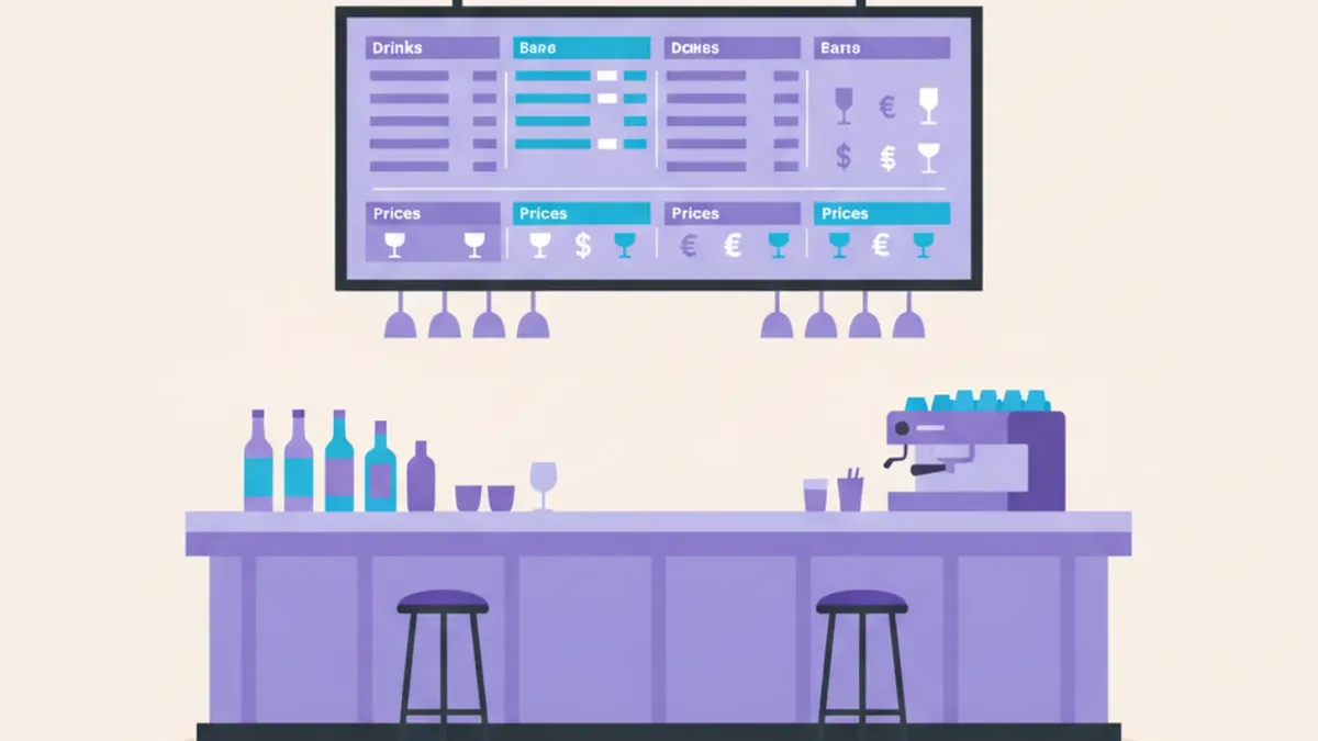 Ilustración de una pantalla colgada sobre la barra de un bar mostrando el menú digital con tragos y precios organizados por categoría