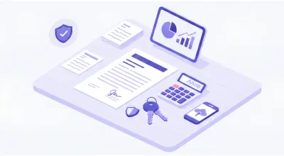 Contrato de alquiler firmado sobre mesa con llaves, calculadora y factura electrónica en pantalla, estilo vectorial violeta azul