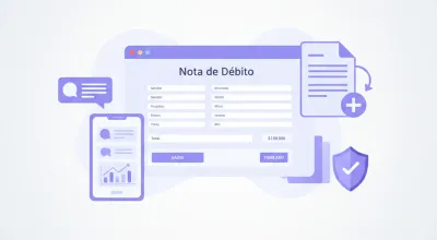 Ilustración flat de una nota de débito electrónica con ícono de comprobante fiscal y flechas de ajuste de monto, en tonos violeta y azul, estilo SaaS moderno