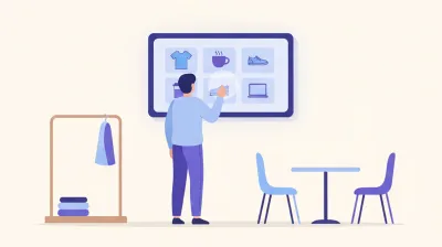 Ilustración de una pantalla táctil interactiva montada en la pared de un local, con un cliente tocando el catálogo de productos en la pantalla