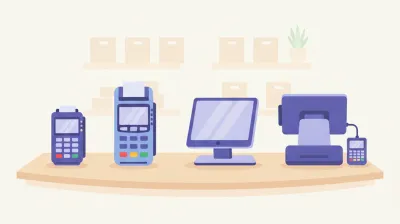 Ilustración de cuatro terminales de pago distintas alineadas sobre un mostrador, representando Point, Lapos, Clover y Payway