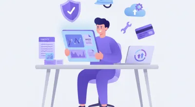Ilustración vectorial de un patrón mexicano revisando las clases de riesgo del IMSS en una tablet, con íconos de seguridad laboral y nómina en tonos violeta y azul
